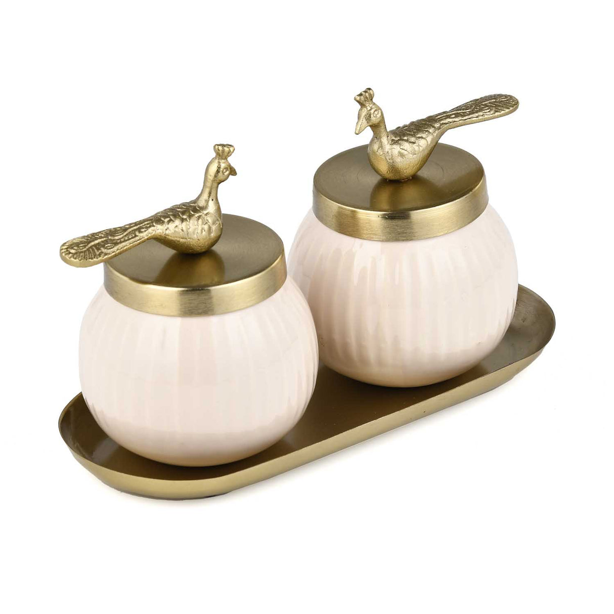 Tray with Set of 2 Peacock Cannisters- Off-white and Gold