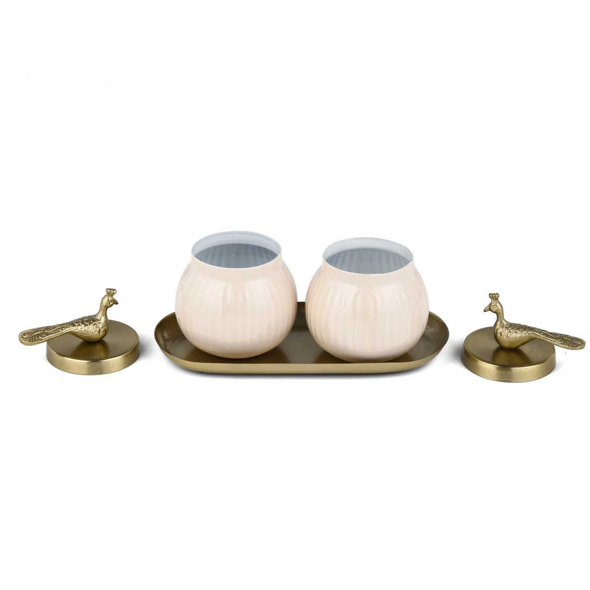 Tray with Set of 2 Peacock Cannisters- Off-white and Gold