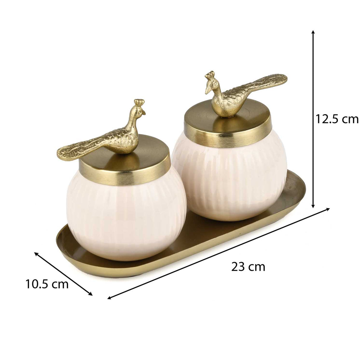 Tray with Set of 2 Peacock Cannisters- Off-white and Gold