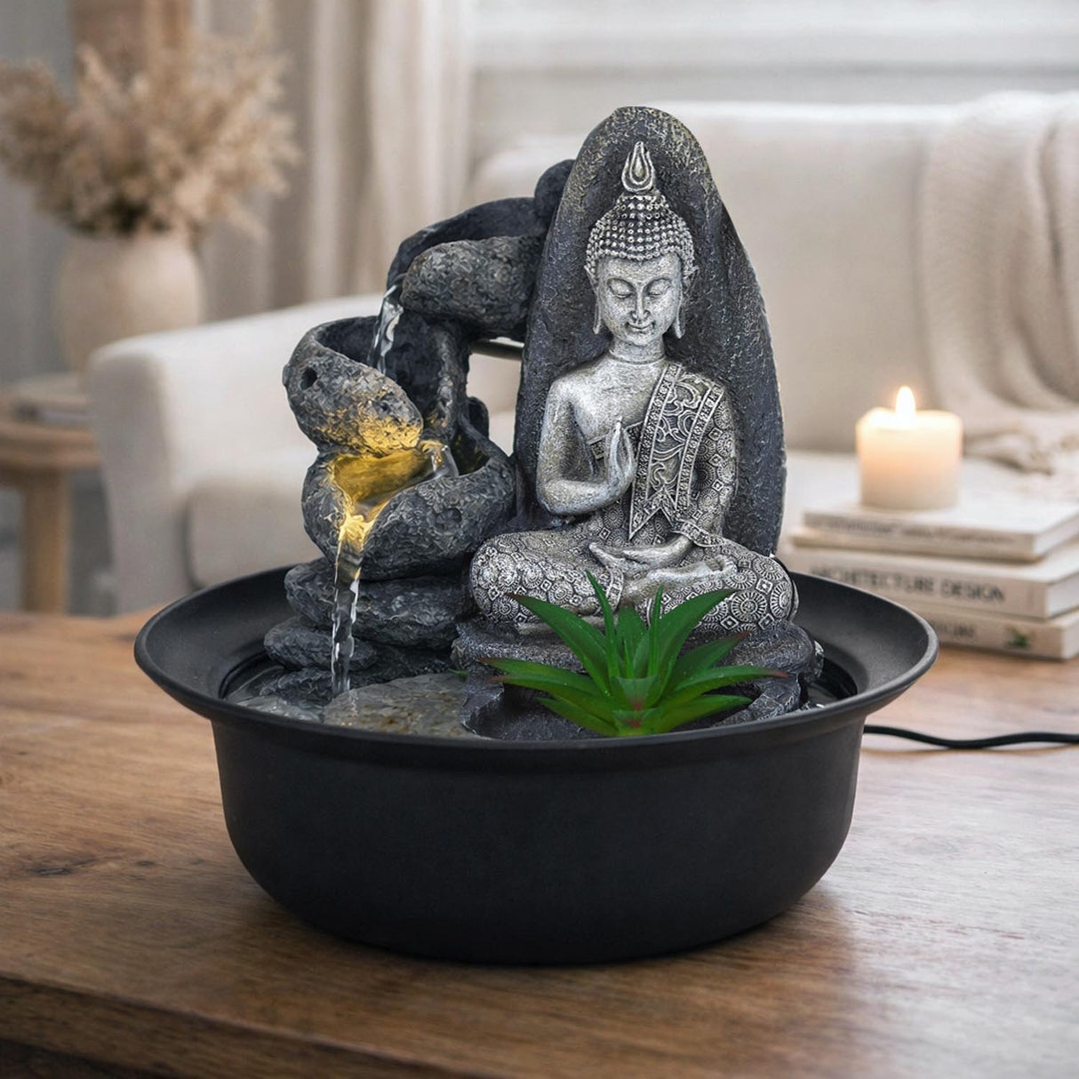 Zen Buddha Polyresin Decorative Table Top Water Fountain with LED Light- Grey
