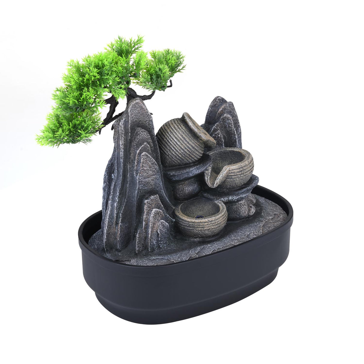 Tree and Three Pots Polyresin Decorative Table Top Water Fountain with LED Light- Grey