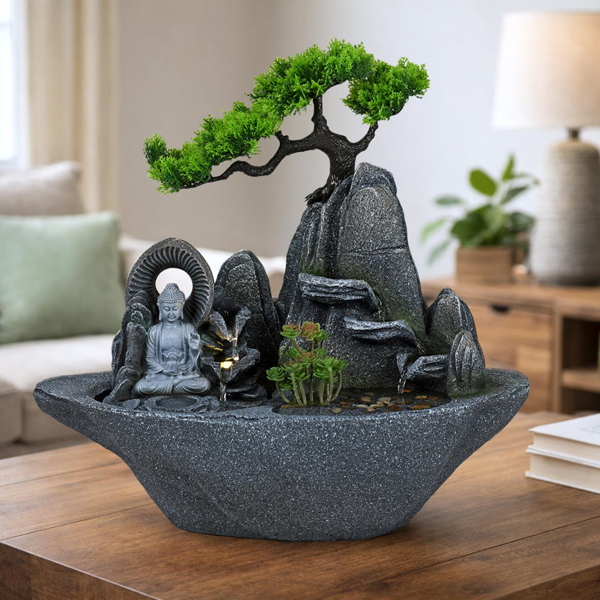 Zen Buddha in Miniature Garden Polyresin Table Top Water Fountain with LED Light- Grey