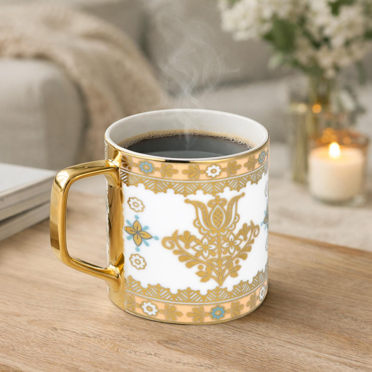 Elegant Golden Design Porcelain Coffee Mug- White and Gold