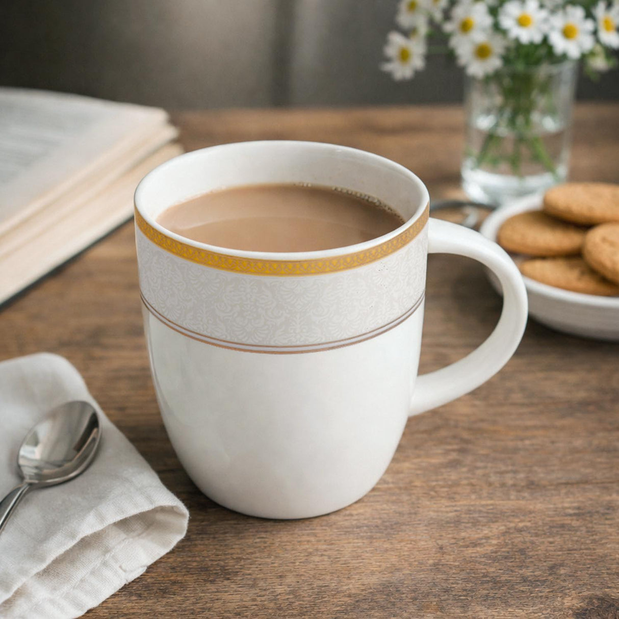 Heritage Gold Rim Porcelain Coffee Mug Set of 6- White and Gold