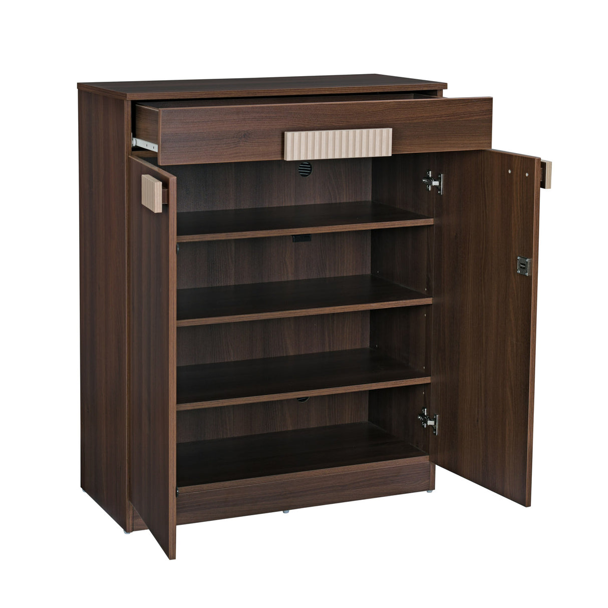 Rova Engineered Wood Shoe Cabinet (Walnut) – Slight Side Open Doors View