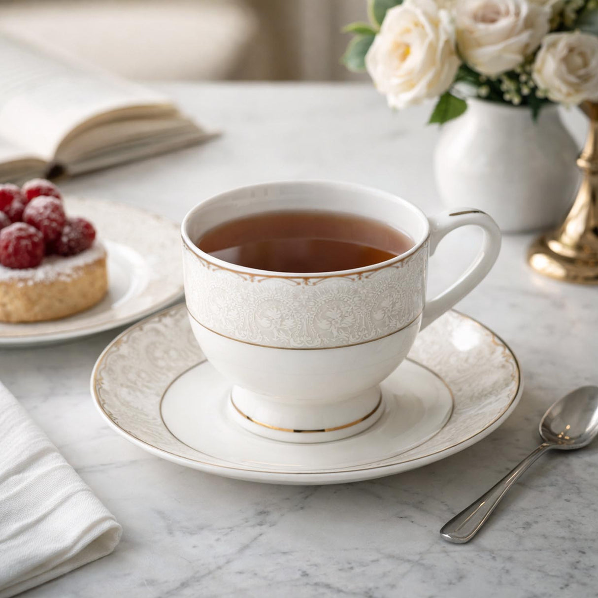 Royal Gold Rim Porcelain Cup and Saucer Set of 6- White and Gold