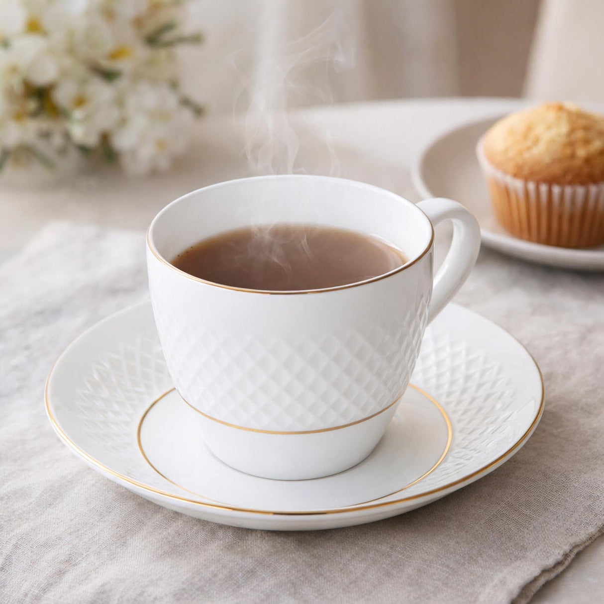 Classic Gold Rim Porcelain Cup and Saucer Set of 6- White and Gold