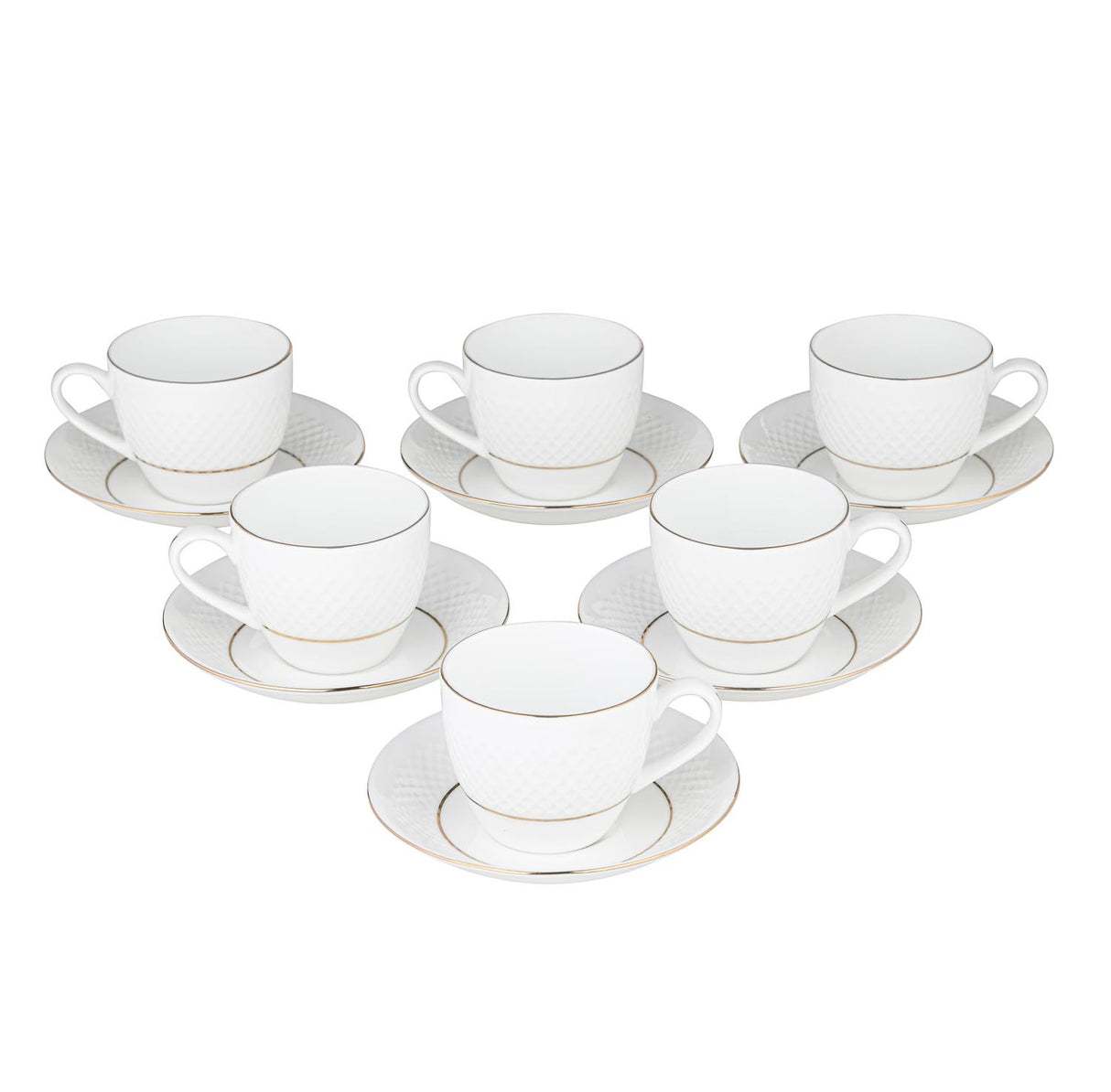 Classic Gold Rim Porcelain Cup and Saucer Set of 6- White and Gold