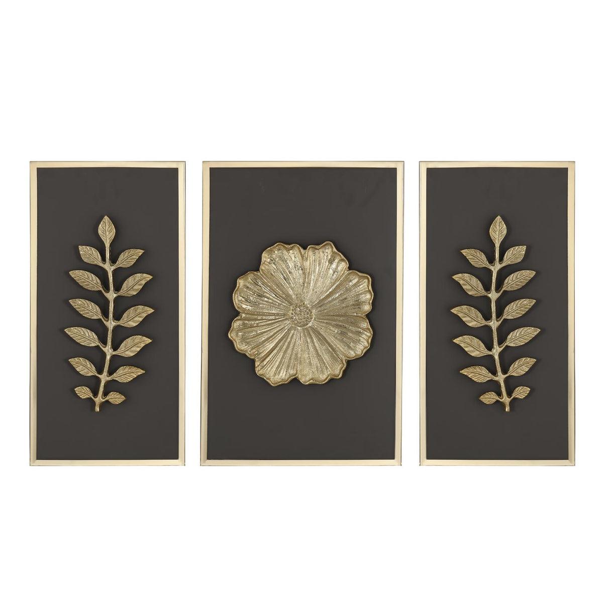 Decorative Three Piece Leaf and Floral Panel Wall Décor- Brown and Gold