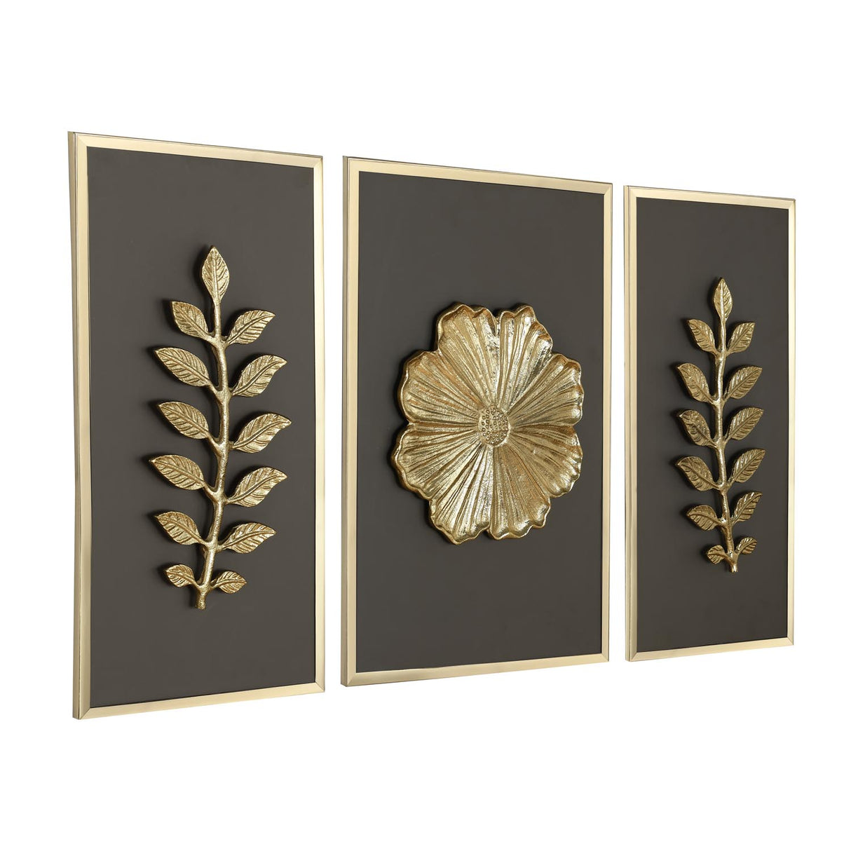 Decorative Three Piece Leaf and Floral Panel Wall Décor- Brown and Gold