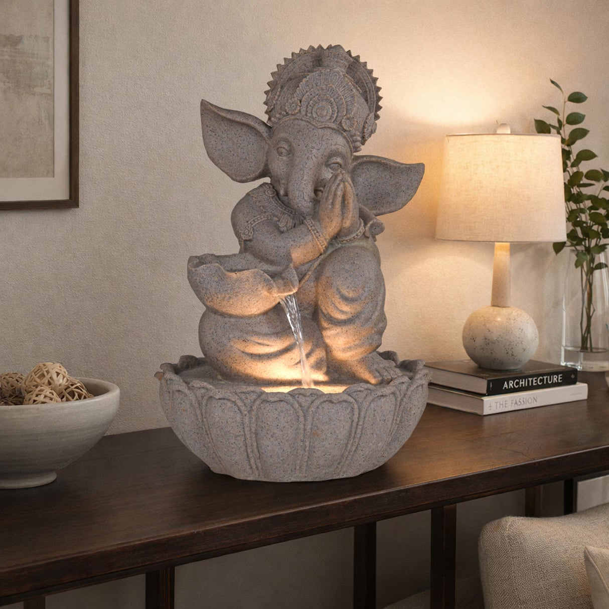 Ganesha Polyresin Decorative Table Top Water Fountain- Sand Brown