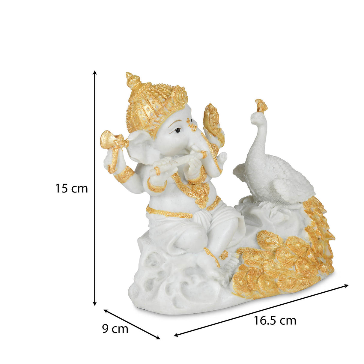 Decorative Marble Ganesha with Flute and Peacock Showpiece- White and Gold