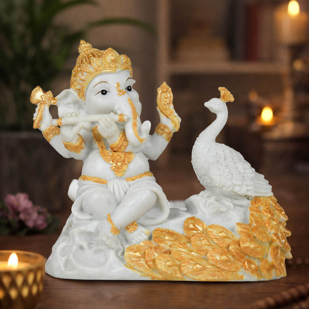Decorative Marble Ganesha with Flute and Peacock Showpiece- White and Gold