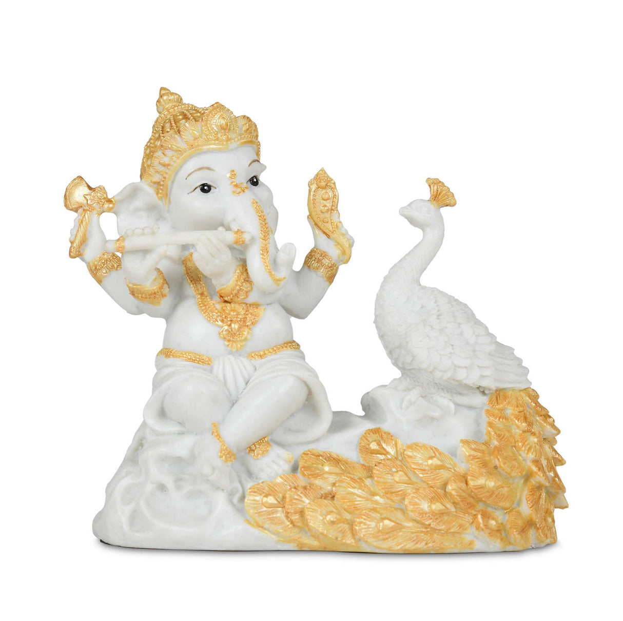 Decorative Marble Ganesha with Flute and Peacock Showpiece- White and Gold
