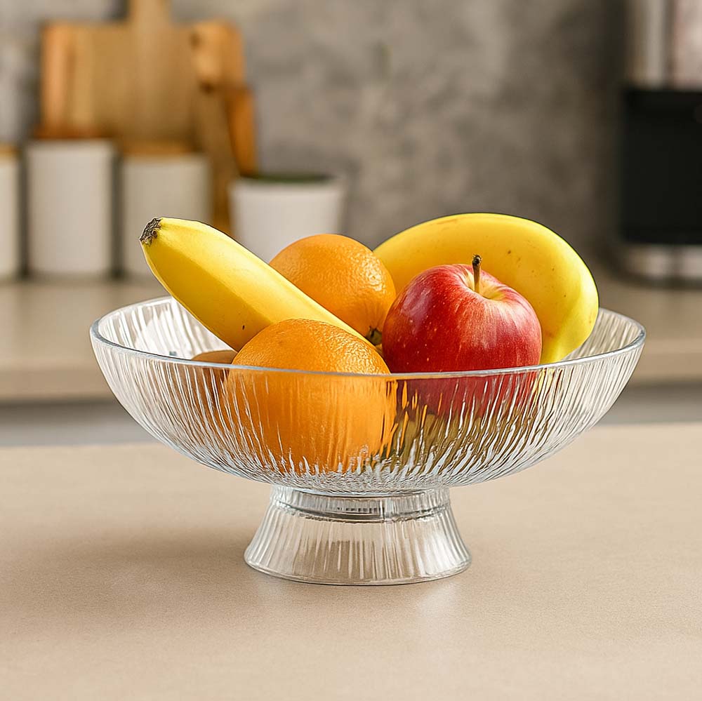 Abstract Design Footed Glass Serving Bowl- Transparent