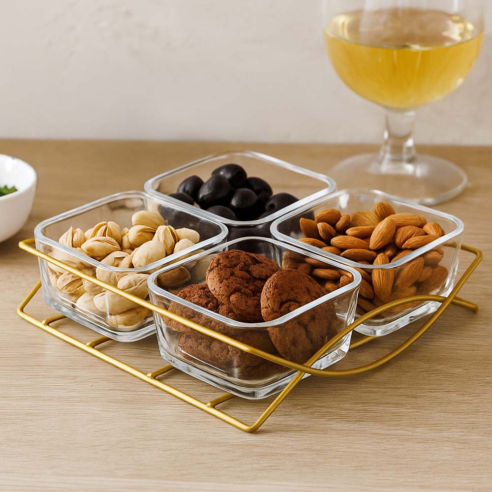 Set of 4 Serving Glass bowls with Tray- Transparent