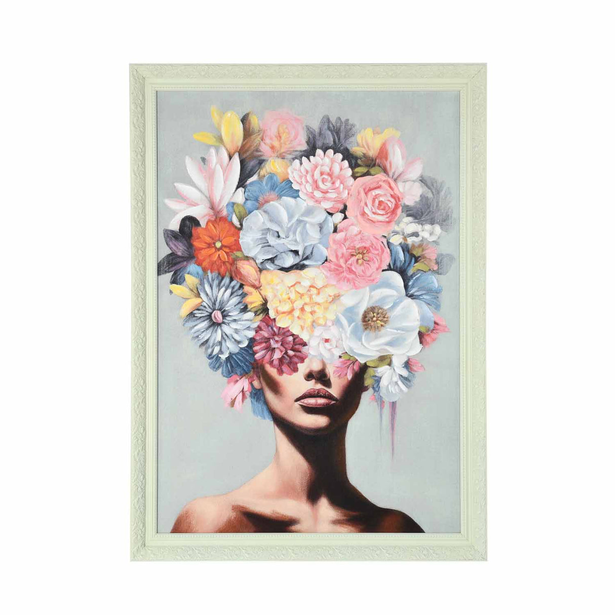 Lady with Floral Head Canvas Wall Painting- Multicolor