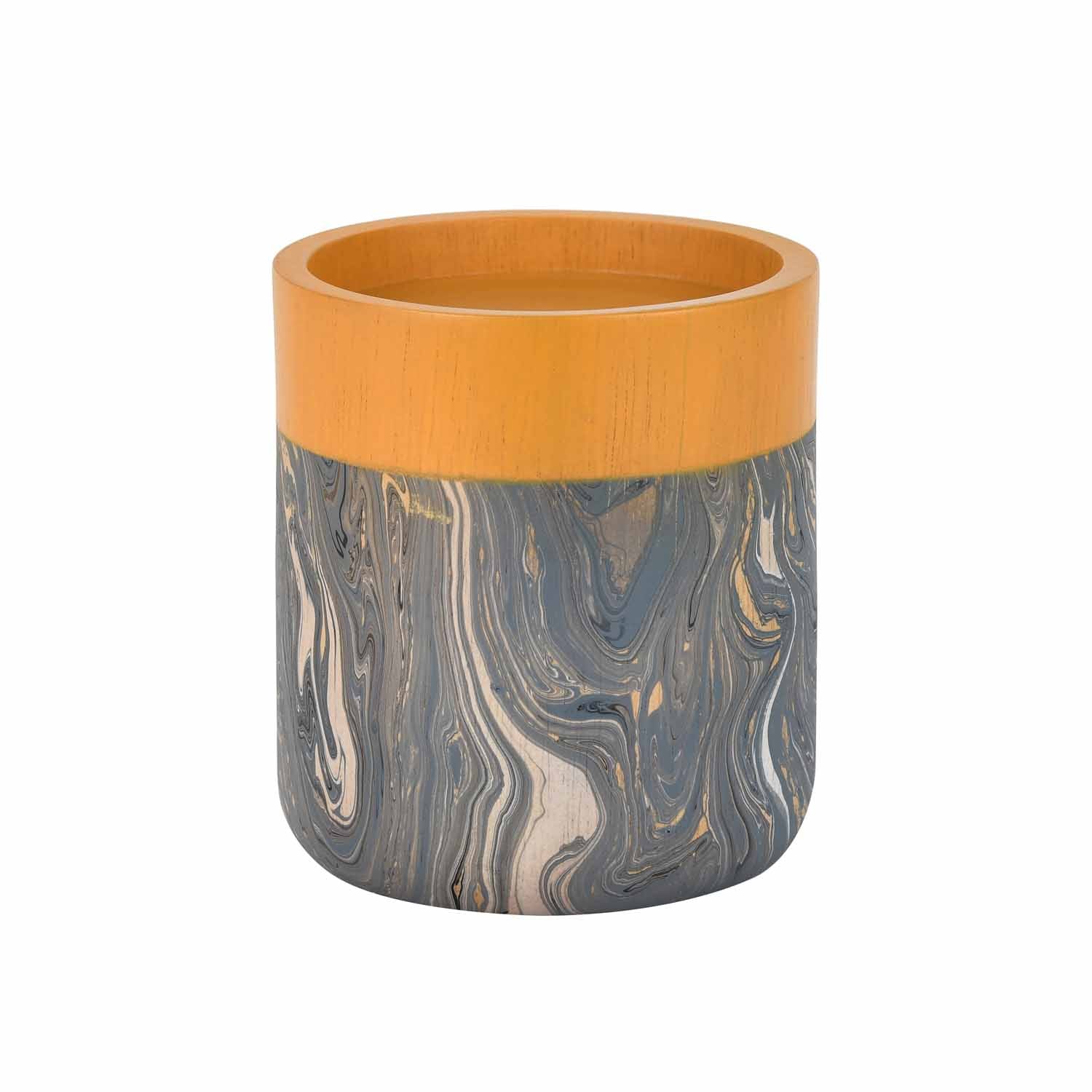 Wooden Small Candle Holder with Dual Tone Marble Finish- Brown and Grey