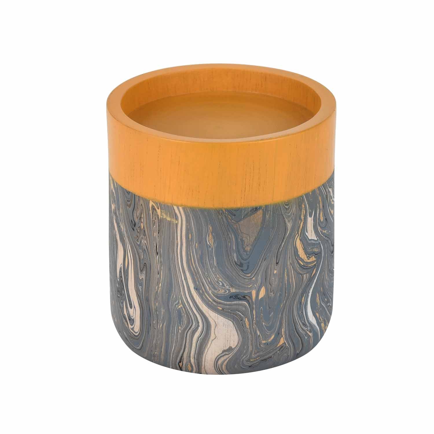 Wooden Small Candle Holder with Dual Tone Marble Finish- Brown and Grey