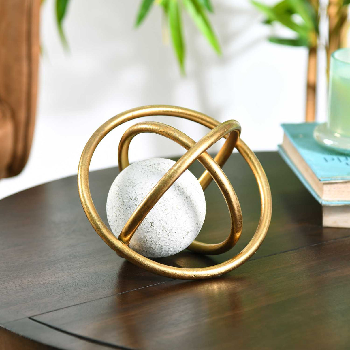Golden Metal Rings with Sphere Table Décor Showpiece Small- White and Gold