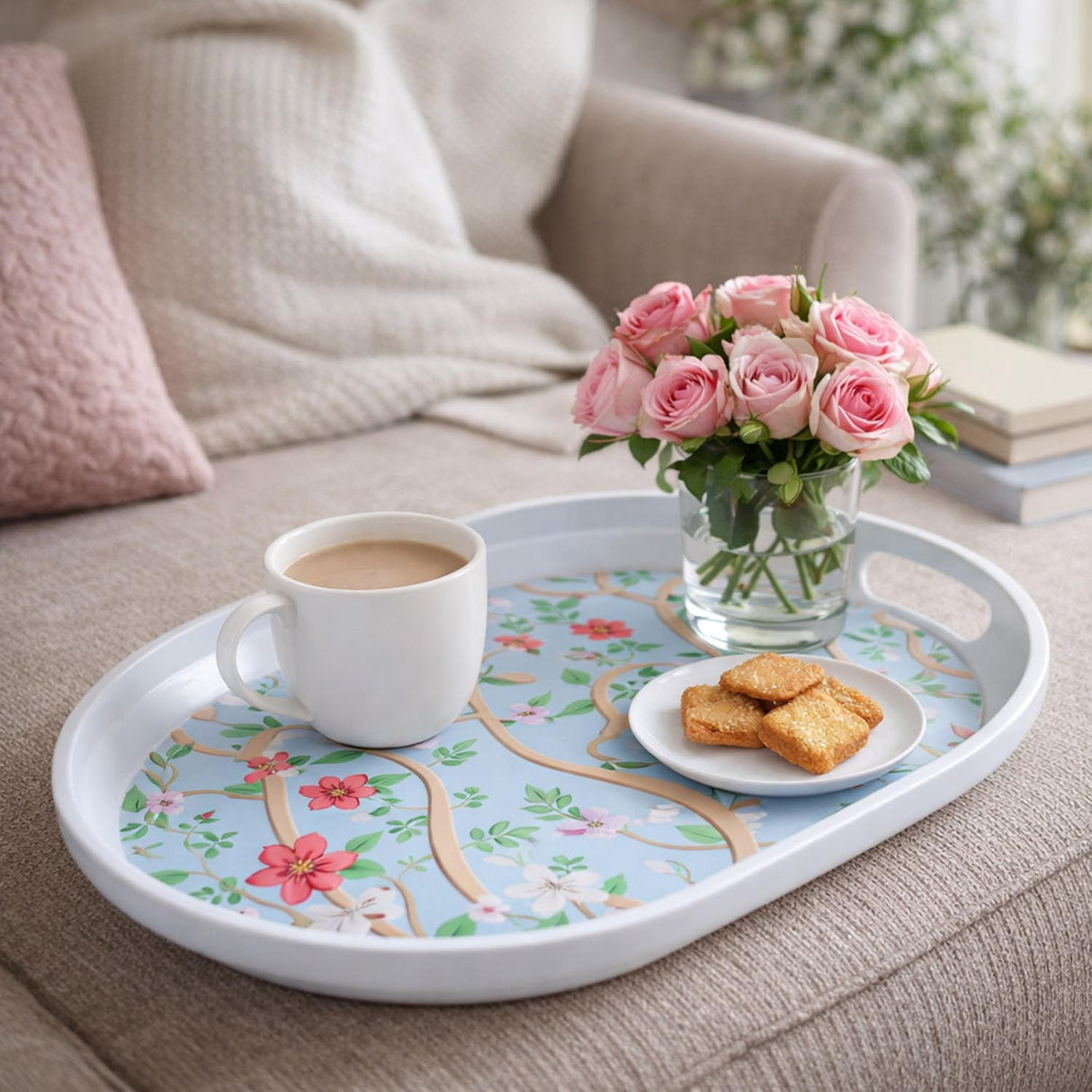 Oval Shaped Melamine Floral Serving Tray with Handle Medium- Blue