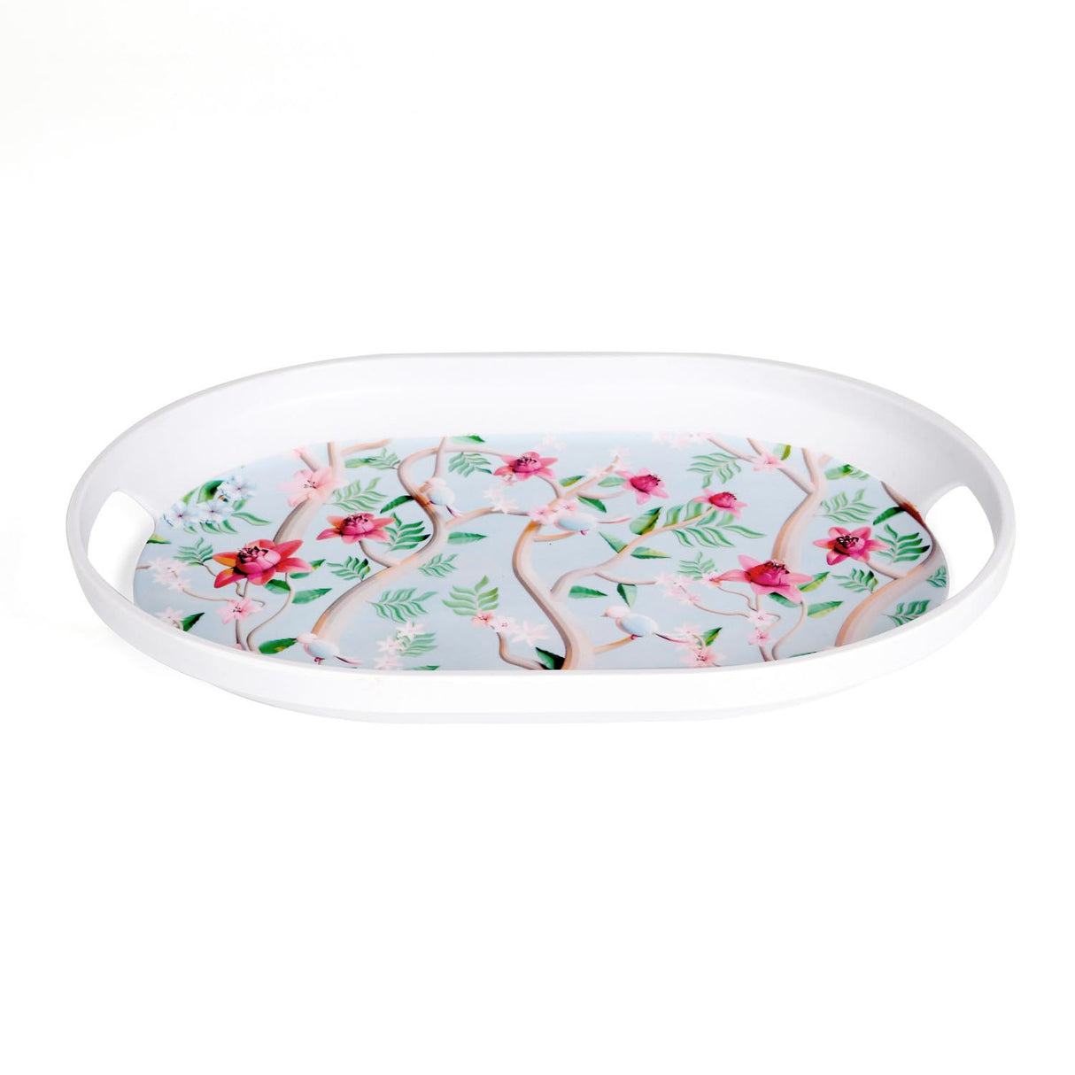 Oval Shaped Melamine Floral Serving Tray with Handle Medium- Blue