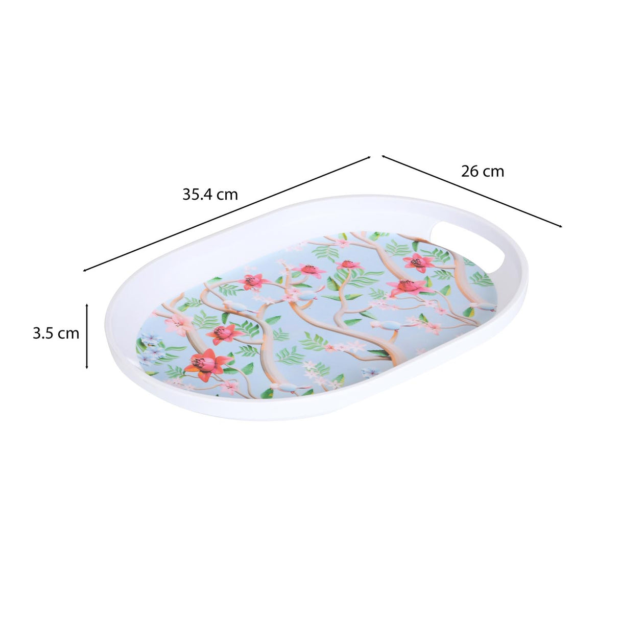 Oval Shaped Melamine Floral Serving Tray with Handle Medium- Blue