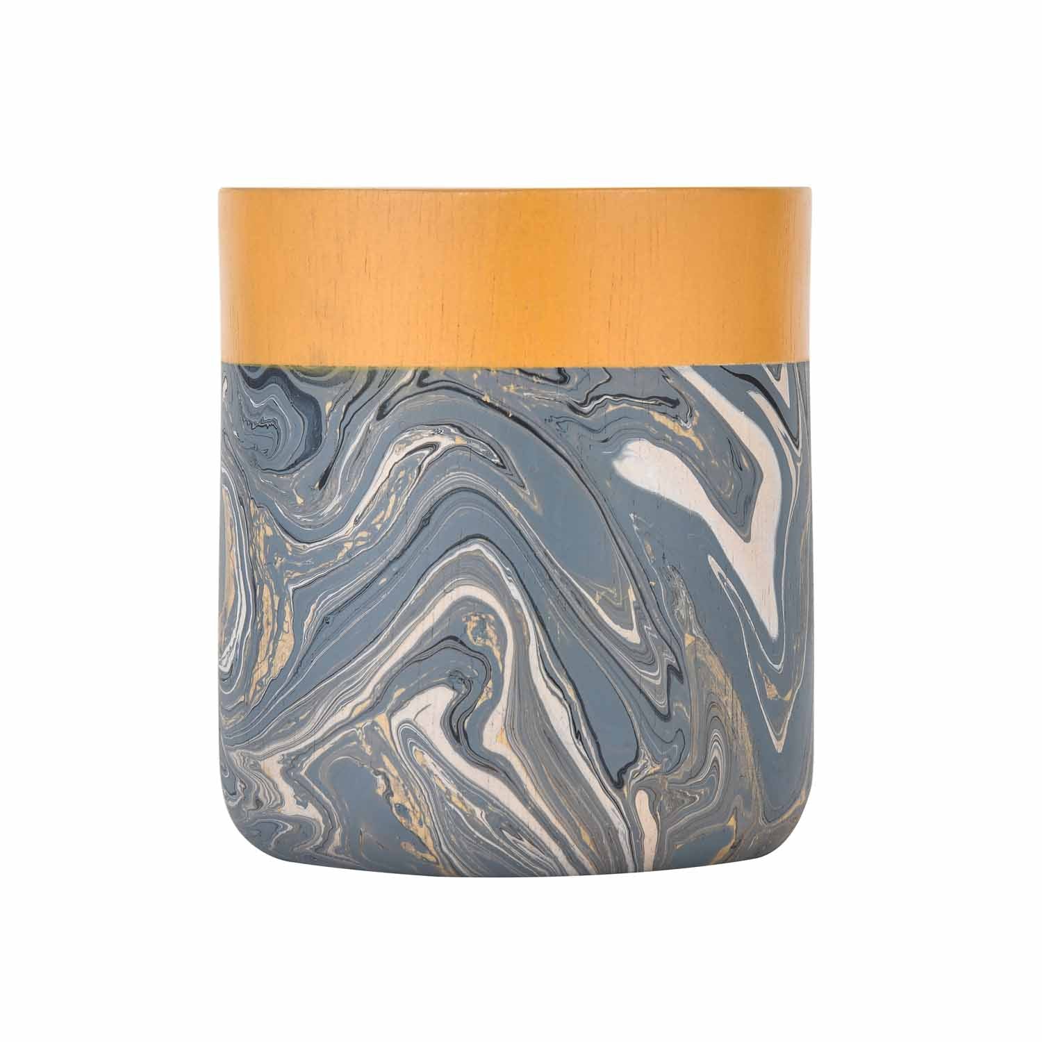 Wooden Small Candle Holder with Dual Tone Marble Finish- Brown and Grey