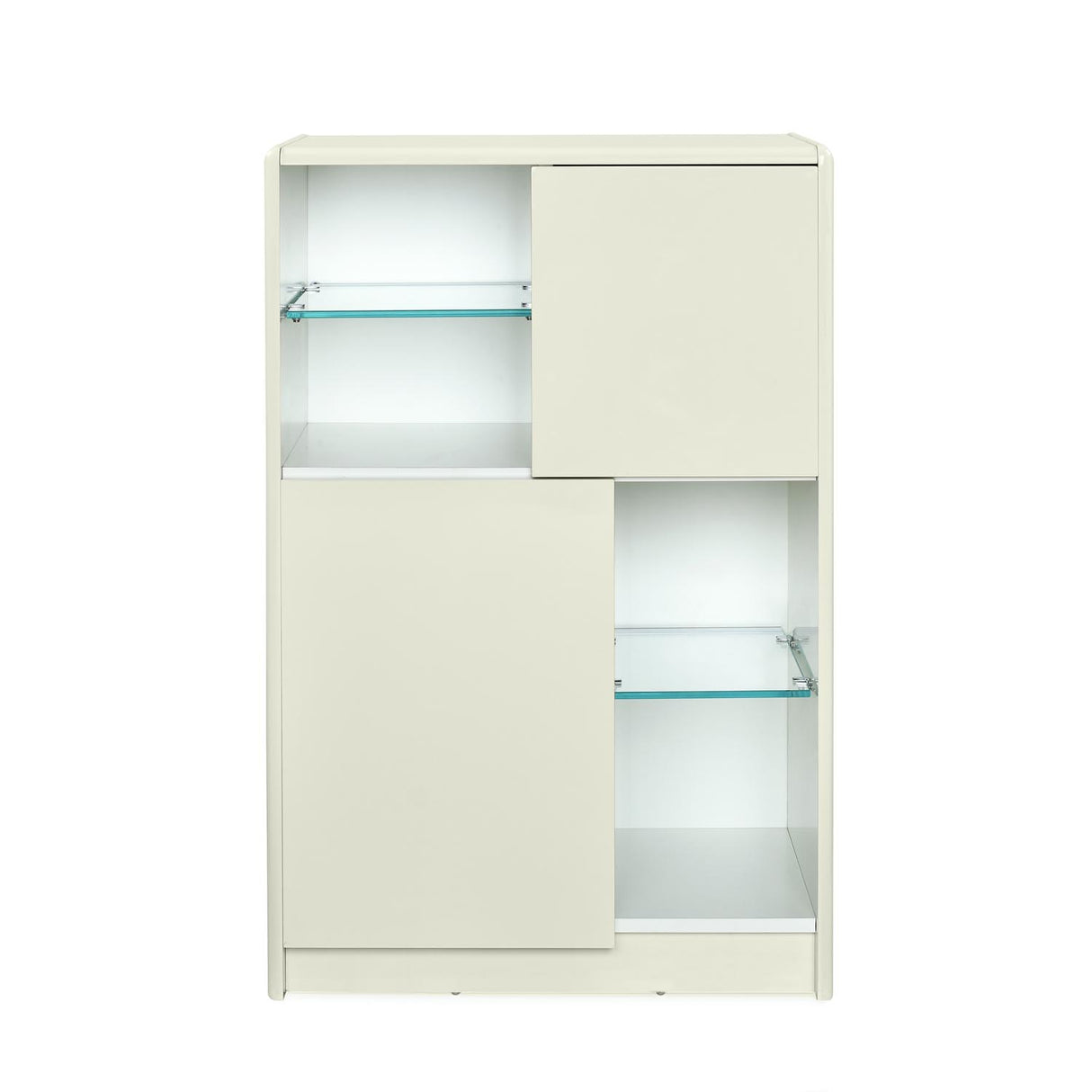 Ivory white storage cabinet with glass shelves in white background 2