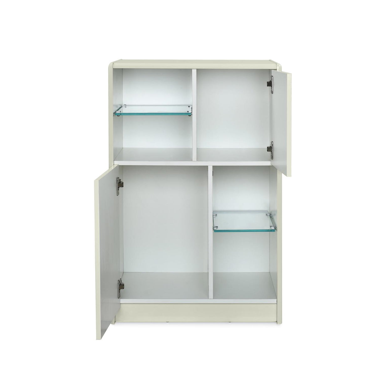 Ivory white cabinet with glass shelves and open compartments front view 2