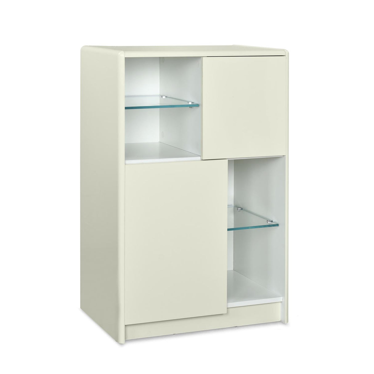 Ivory white storage cabinet with glass shelves inclined view 2
