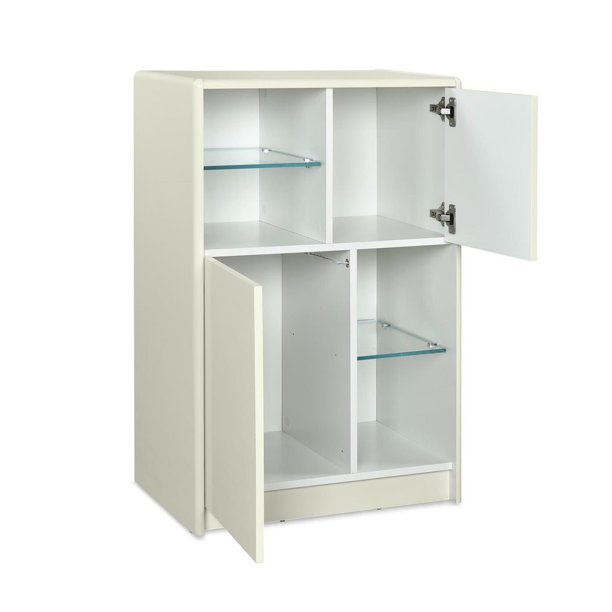 Ivory white cabinet with glass shelves and open compartments inclined view 2