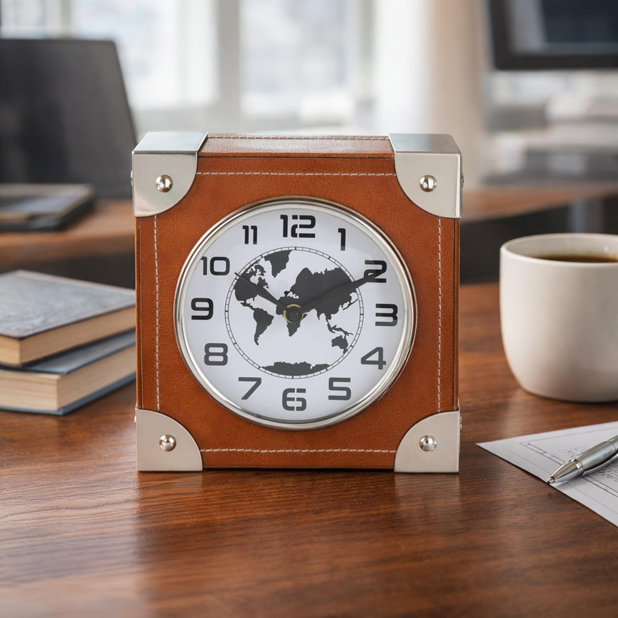 Square Leather Table Clock- Brown