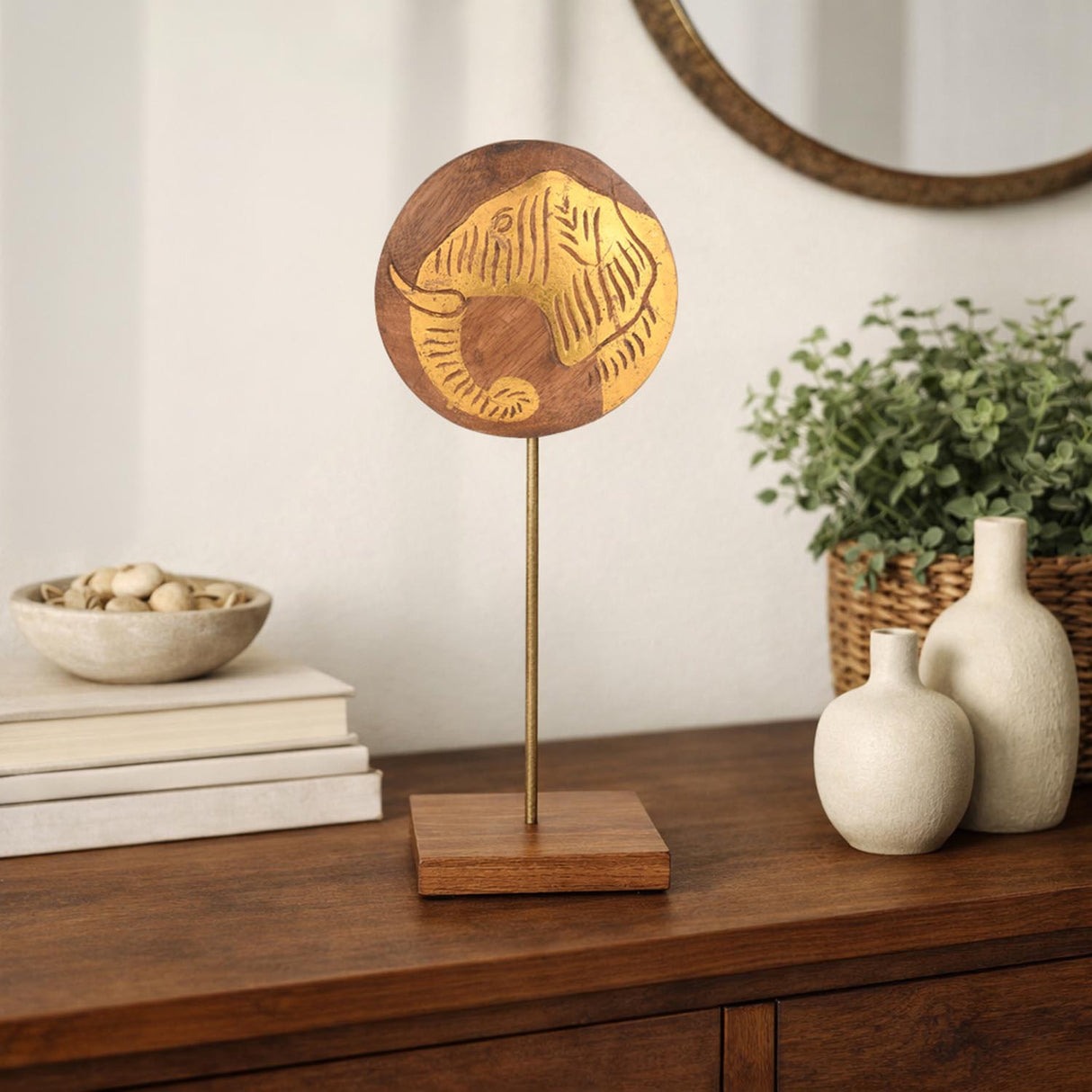 Elephant Face Wooden Showpiece Stand Small- Gold