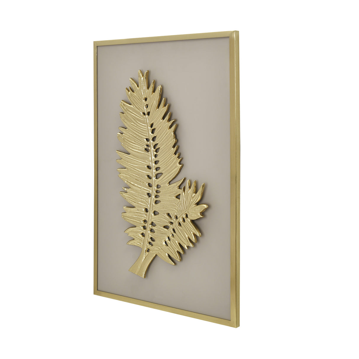 Gold pinnate leaf wall art décor in white background left side inclined view 2