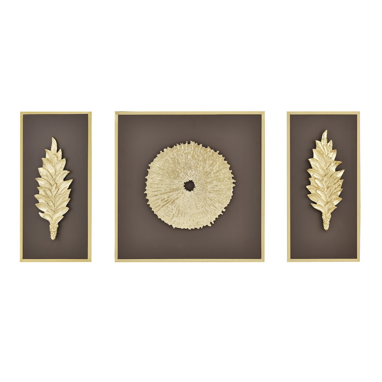 Disc and Leaf Metal & MDF Wall Art Set of 3 (Gold & Brown)