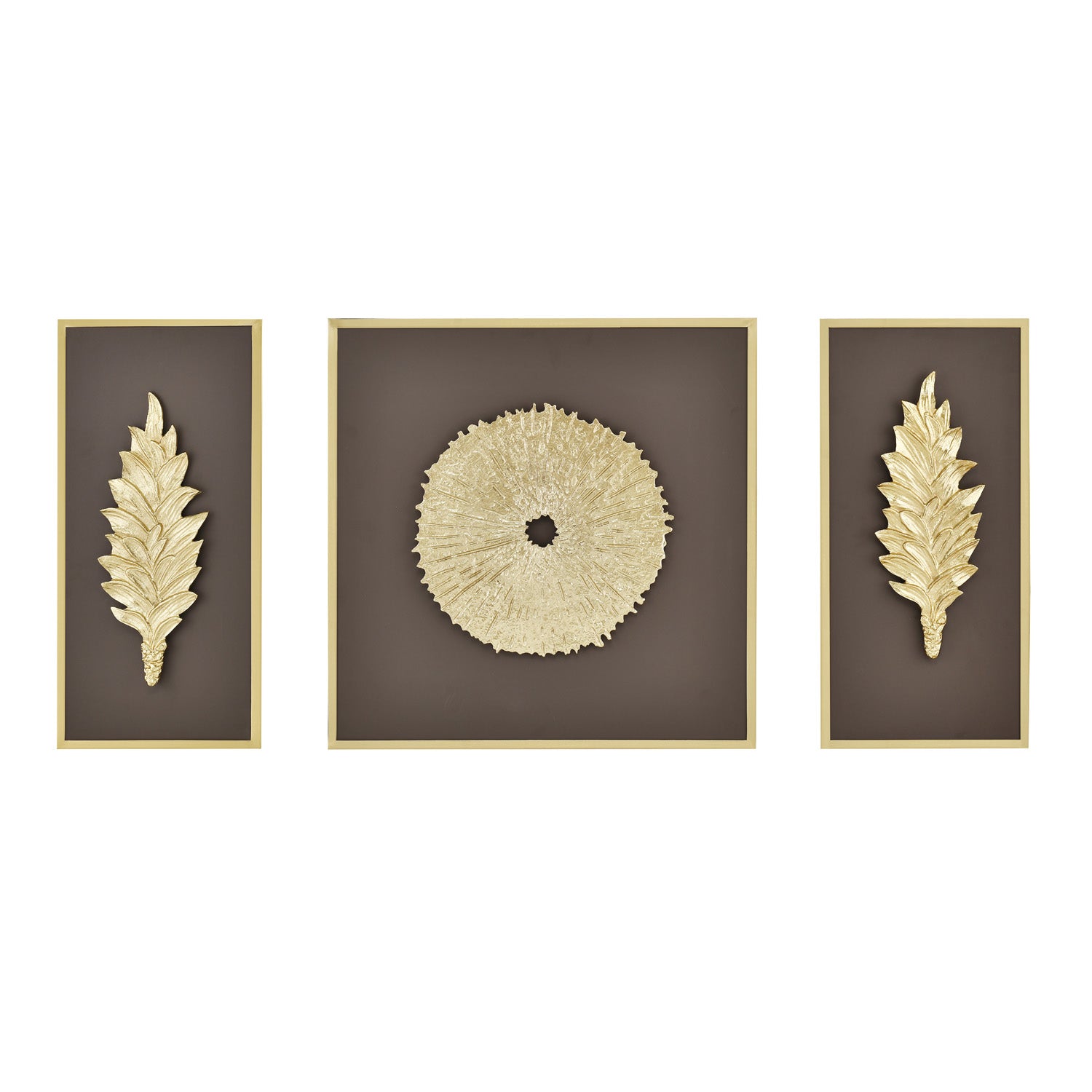 Disc and Leaf Metal & MDF Wall Art Set of 3 (Gold & Brown)