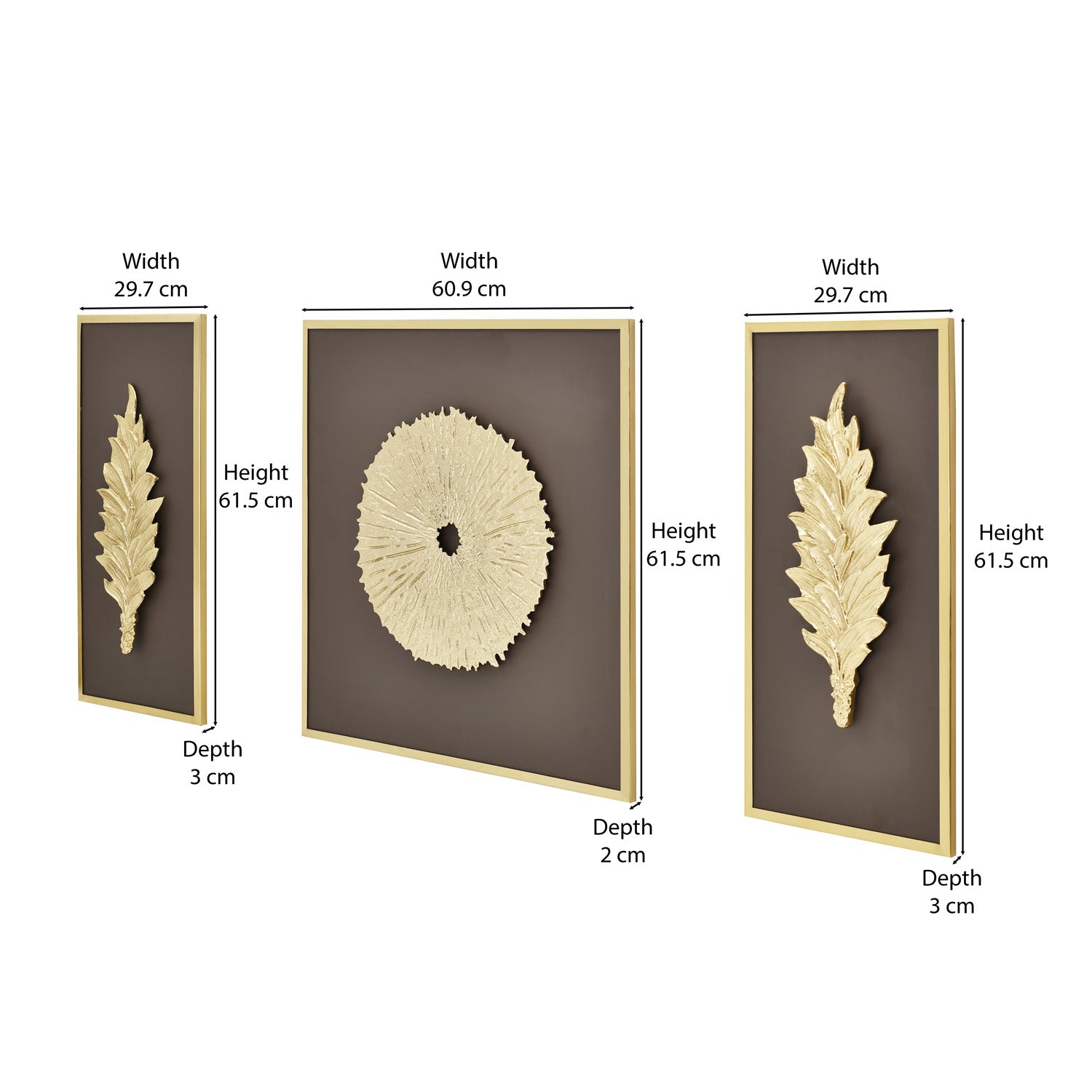 Disc and Leaf Metal & MDF Wall Art Set of 3 (Gold & Brown)