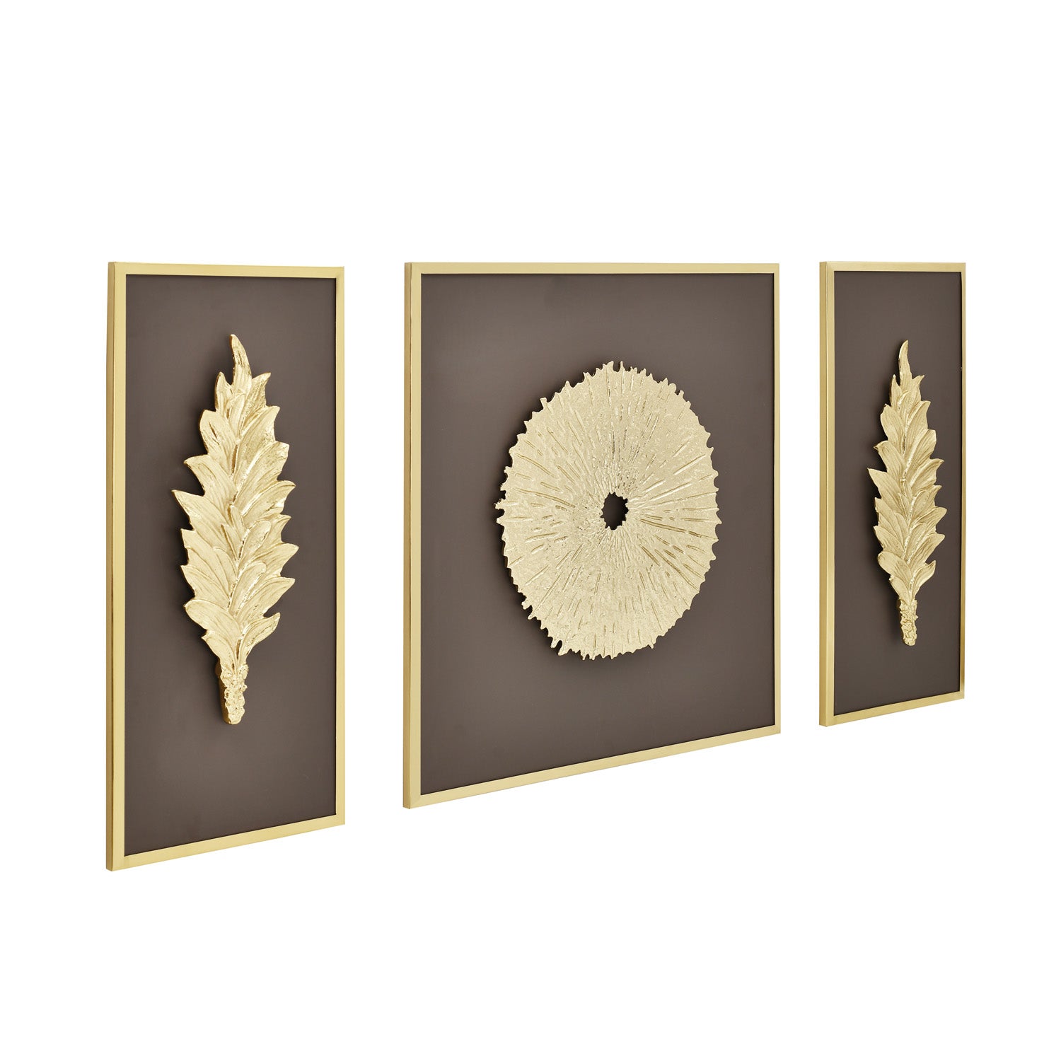 Disc and Leaf Metal & MDF Wall Art Set of 3 (Gold & Brown)