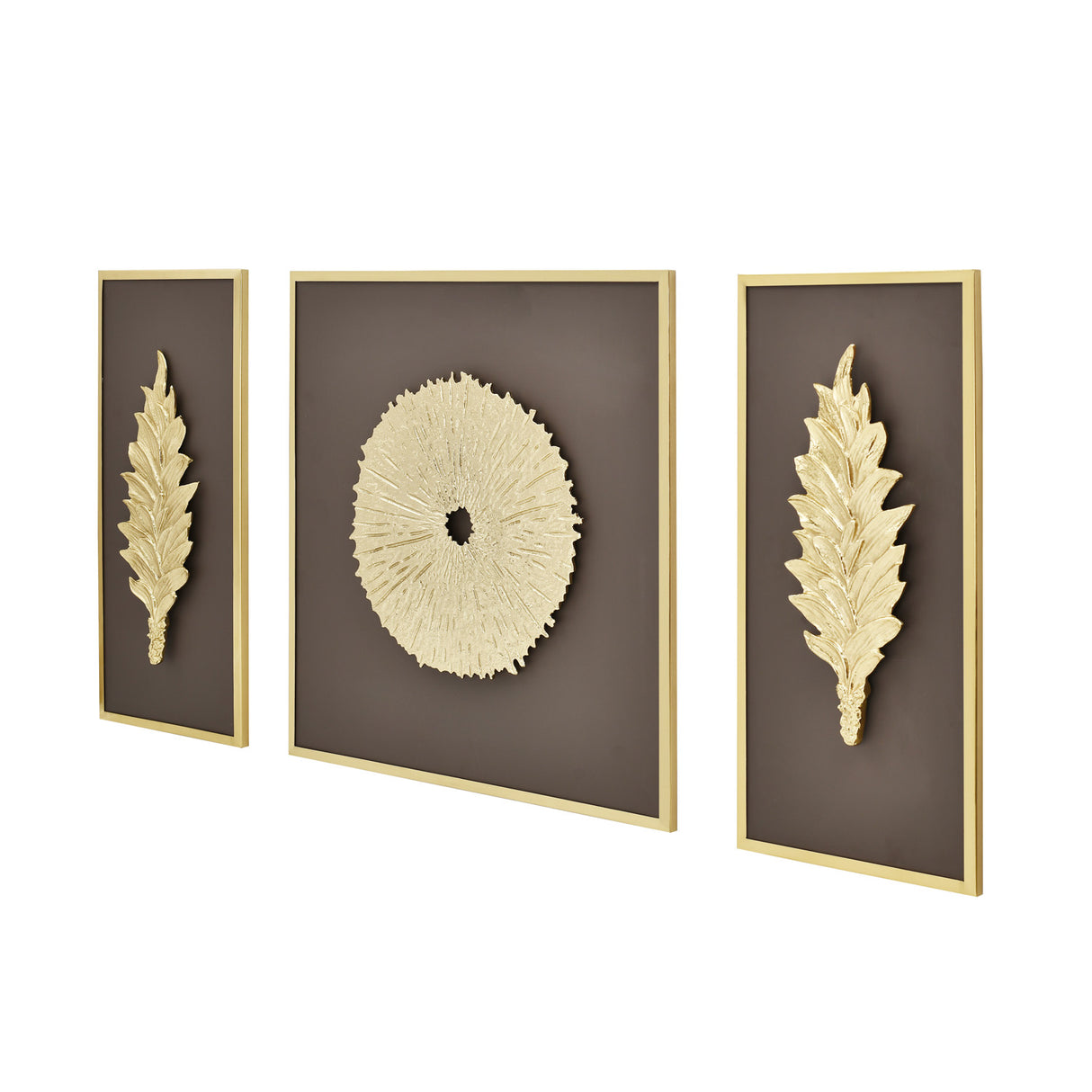 Disc and Leaf Metal & MDF Wall Art Set of 3 (Gold & Brown)