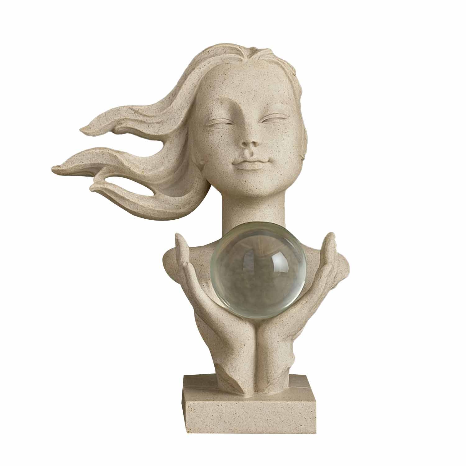 Lady Holding Crystal Sphere Decorative Polyresin Showpiece- Sand Brown