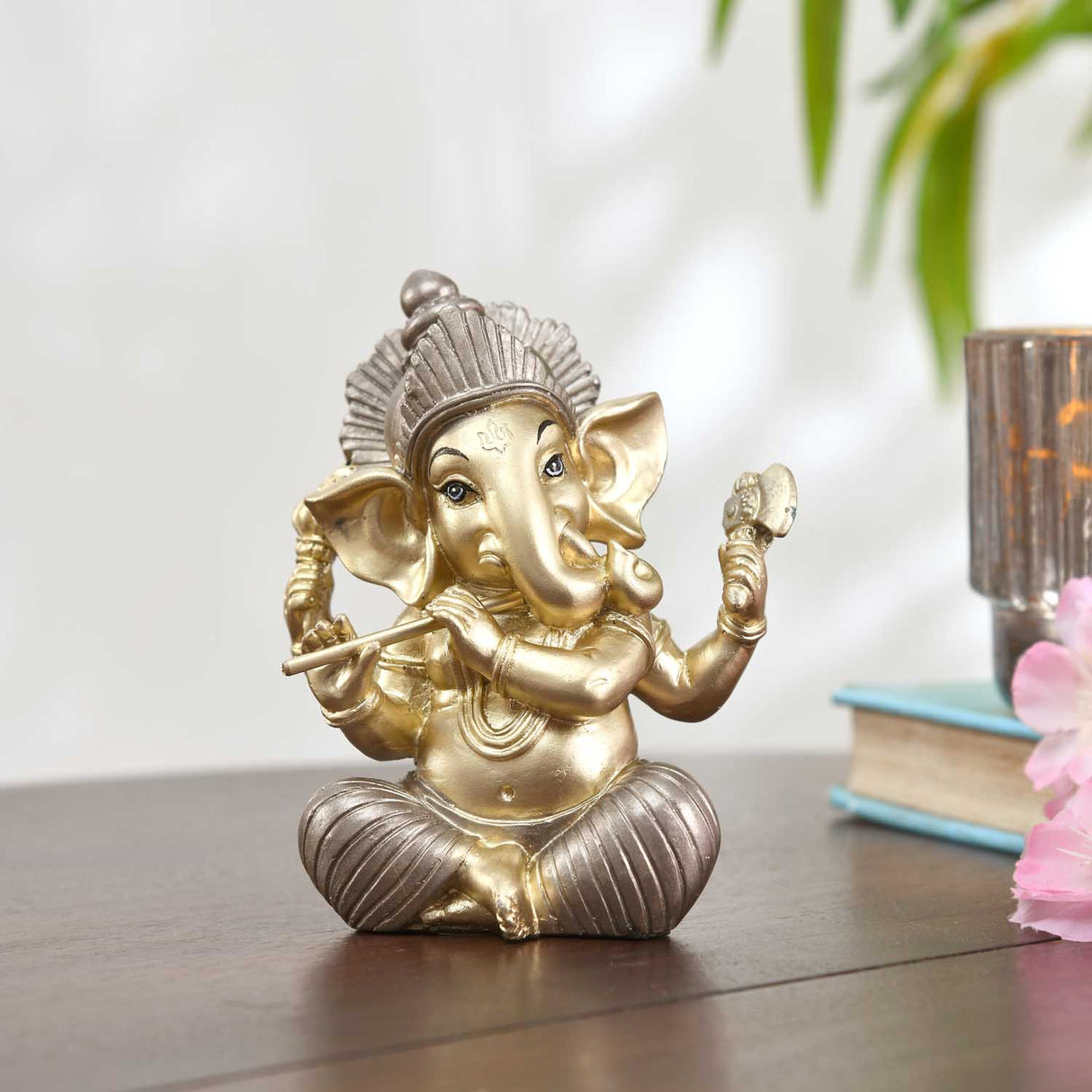 Ganesha Playing Flute Decorative Polyresin Showpiece- Gold and Silver
