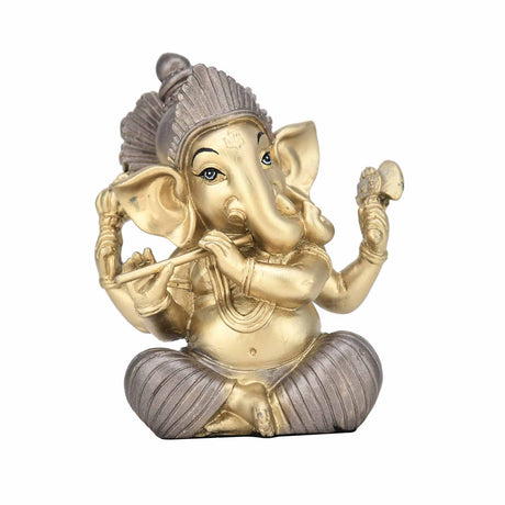 Ganesha Playing Flute Decorative Polyresin Showpiece- Gold and Silver