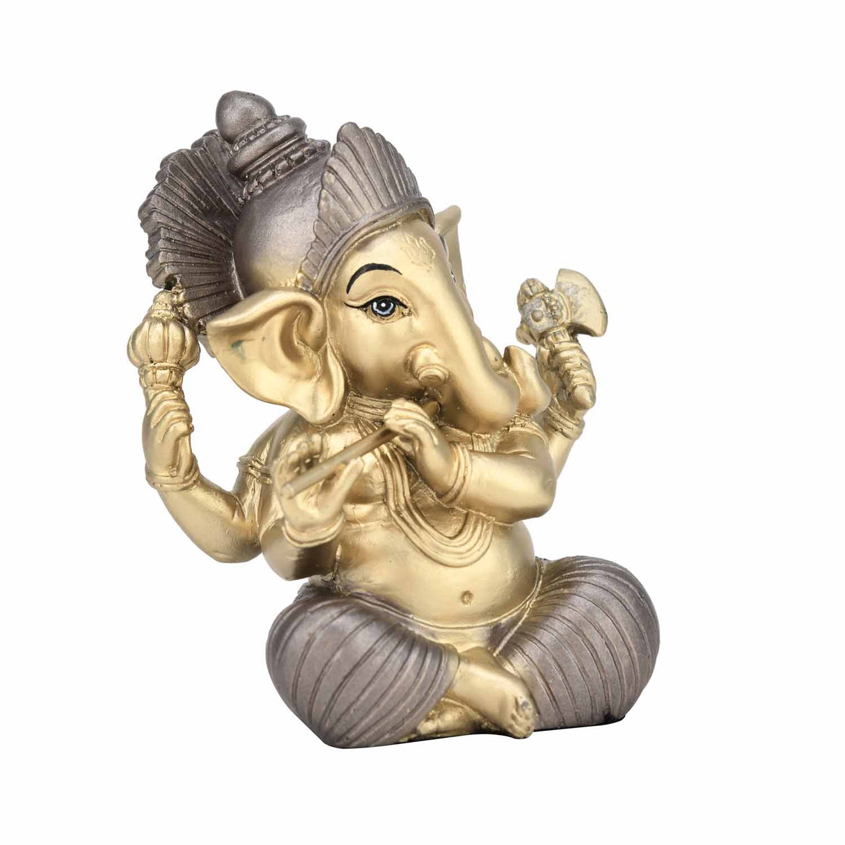 Ganesha Playing Flute Decorative Polyresin Showpiece- Gold and Silver