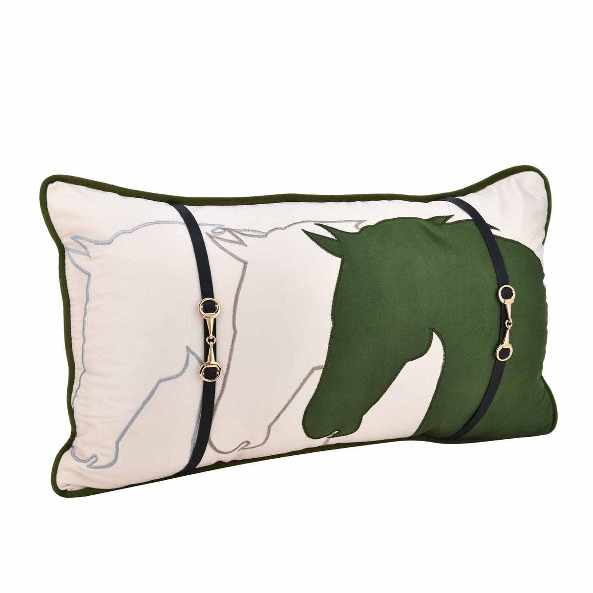 Horse Belt Pattern Velvet Filled Cushion - Green and Off-white Cushion