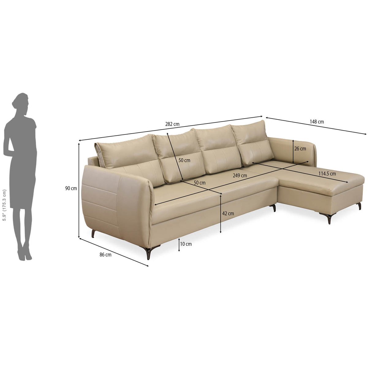 Infinia 4 Seater Leatherette Sofa with Left Lounger- Beige