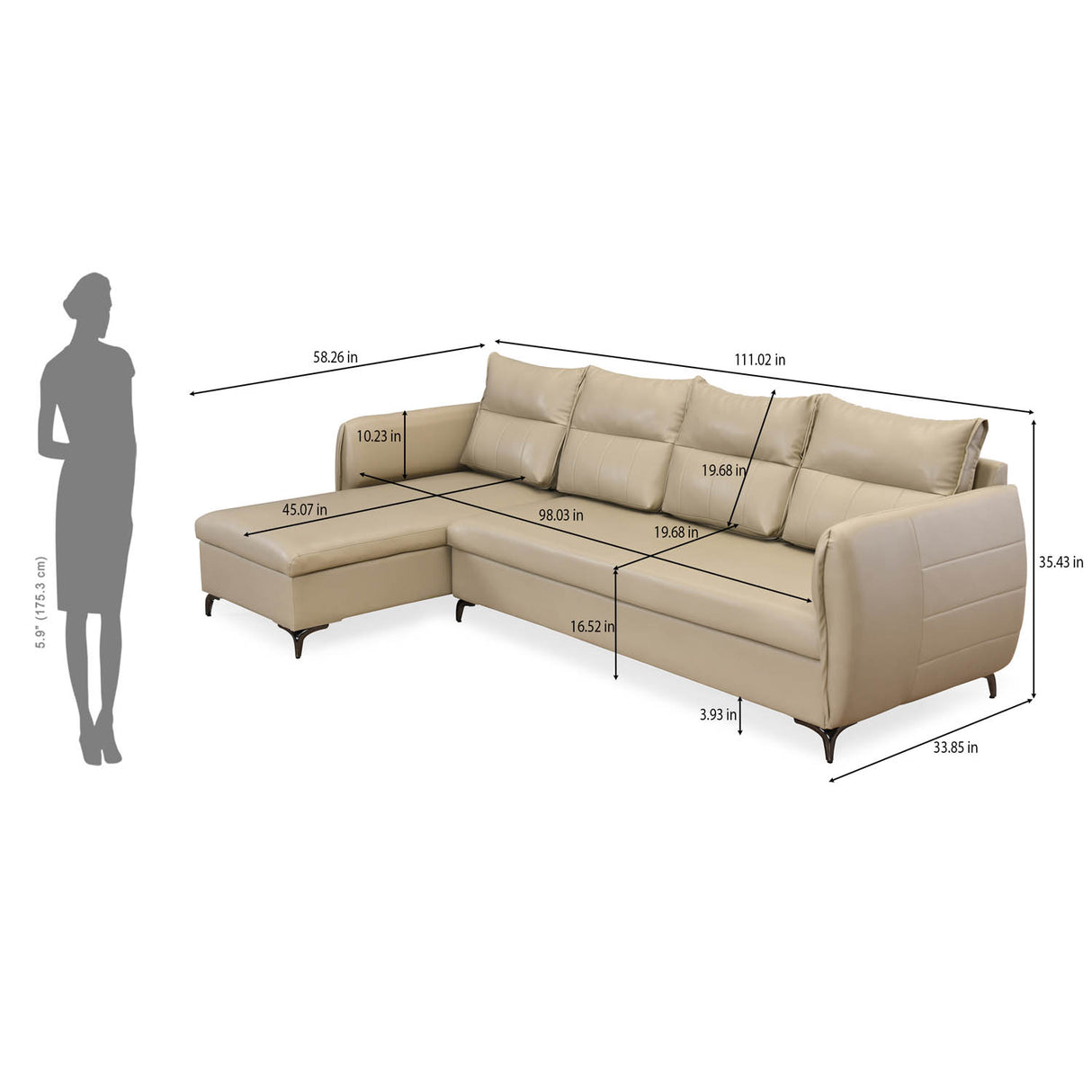 Infinia 4 Seater Leatherette Sofa with Right Lounger- Beige