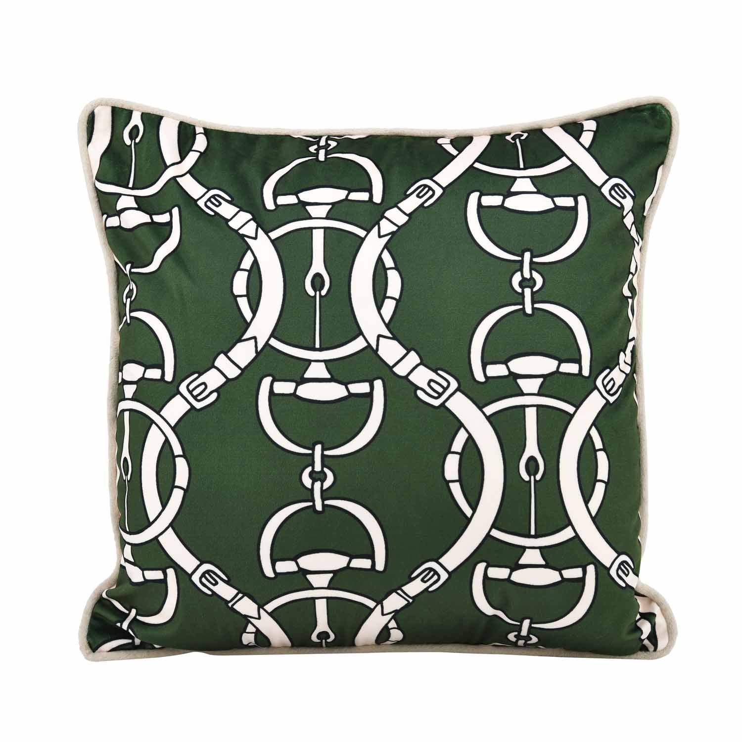 Belt Pattern Velvet Filled Cushion - Green And Off-white