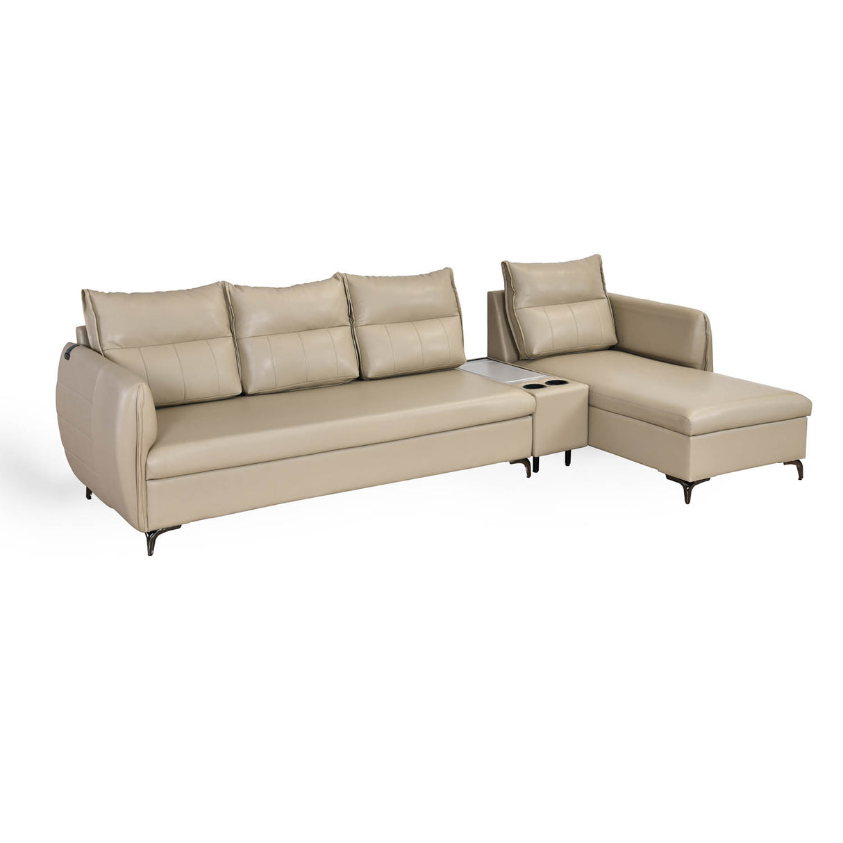 Infinia 4 Seater Leatherette Sofa with Left Lounger and Rectangle Console- Beige