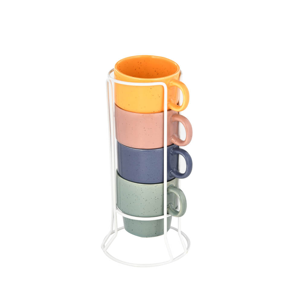 Ceramic Set of 4 Tea Cups with Stand- Multicolor